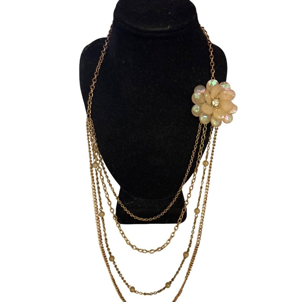 Vintage Multi-Layered Chain Necklace Iridescent Floral Pendant & Beaded